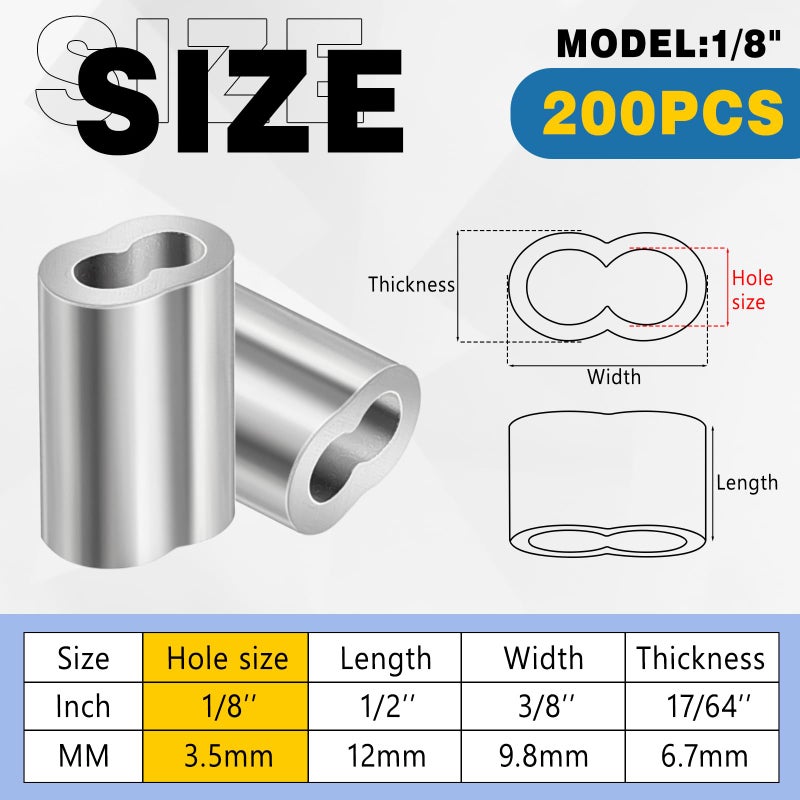 Yaocom 200 قطعة من Yaocom 1/8 بوصة من الألومنيوم مع حلقات تجعيد وحلقات سلكية وأكمام حبل سلكية بقطر 1/8 بوصة وأطراف خط الكابل - Image 2